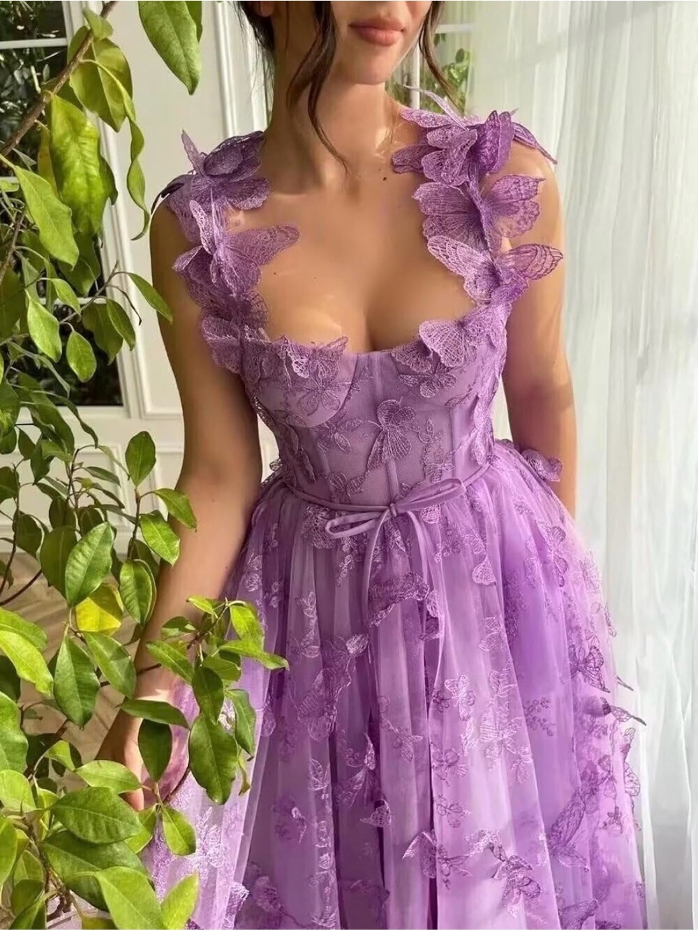 Amazon Lavender Strapless Lace Butterfly A-Line Dress